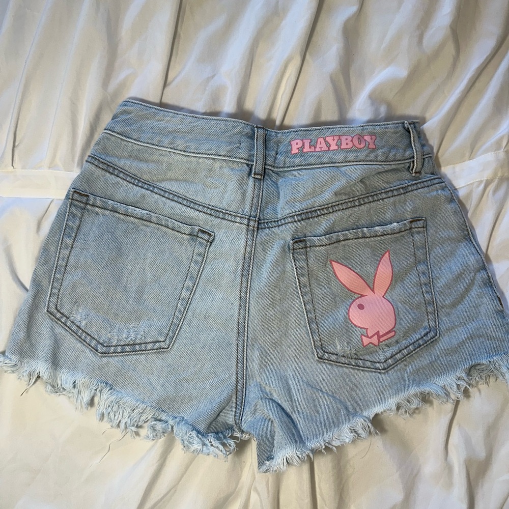 PLAYBOY by Pacsun Light Blue Jean Shorts with Pink Accents
